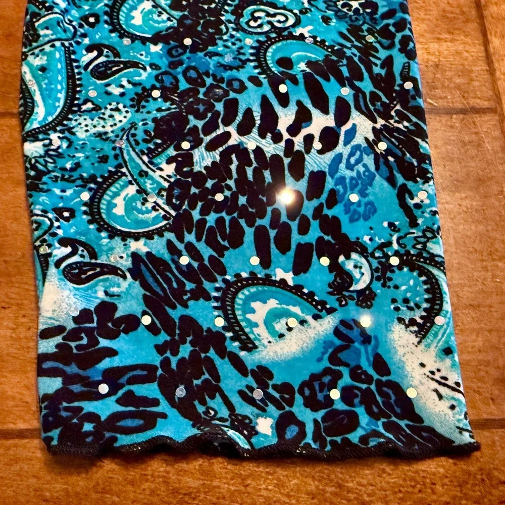 All Hours Women's XL Turquoise Leopard Paisley‎ Rhinestone Tunic Top 3/4 Sleeve